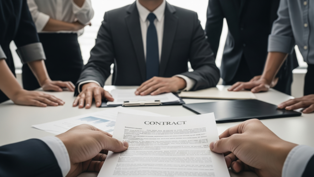 Business meeting with professionals reviewing a contract at a conference table