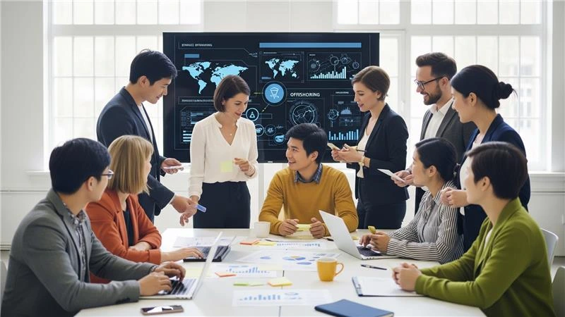 Team meeting on offshoring strategy with laptops and charts