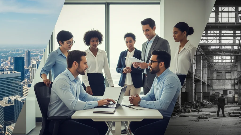 Urban growth and industrial decline depicted through a city skyline, office collaboration, and an abandoned factory scene.