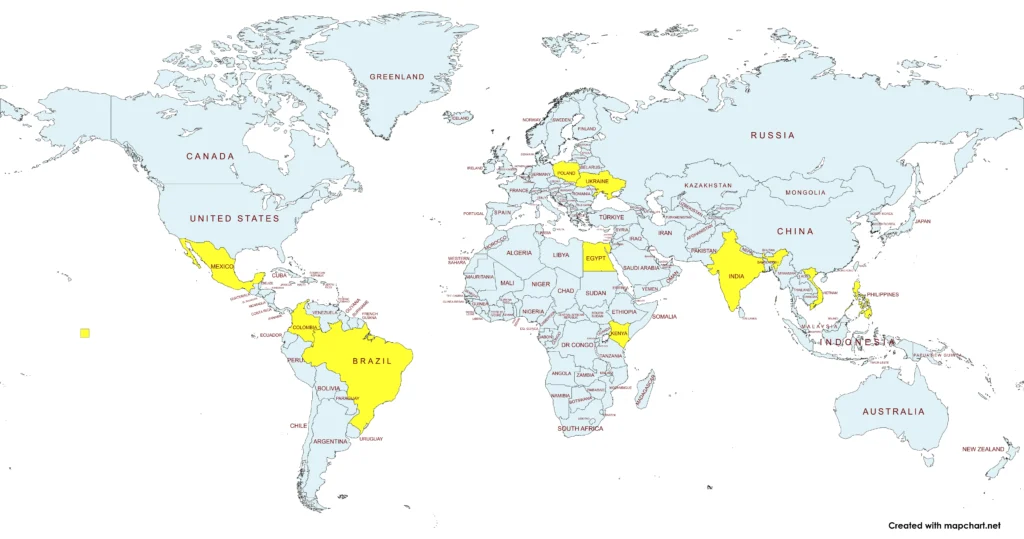 World map highlighting ten countries in yellow: Mexico, Colombia, Brazil, Egypt, India, Vietnam, Philippines, Poland, Ukraine, and Kenya