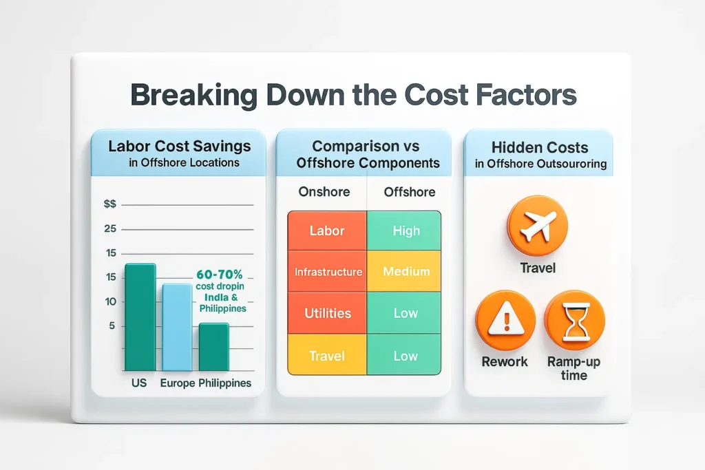 Offshore outsourcing costs infographic comparing labor and hidden costs across the US, Europe, India, and the Philippines.