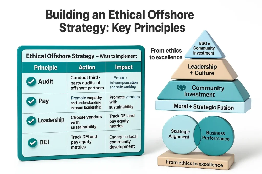 Infographic showing key principles for building an ethical offshore strategy and ESG-driven business outcomes