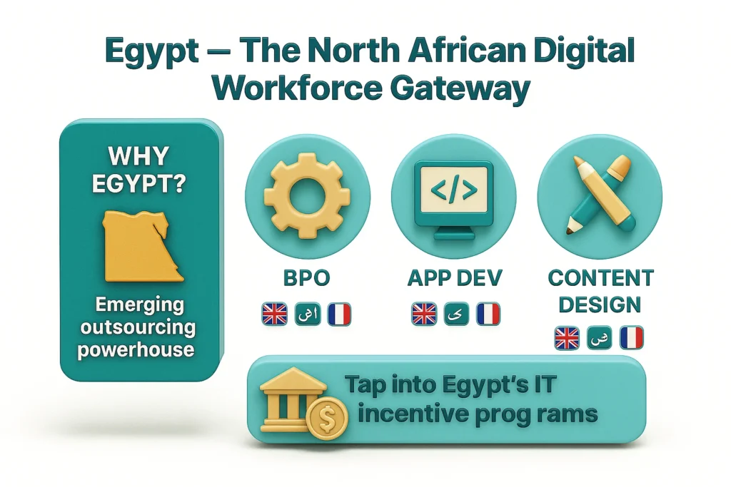 Egypt digital workforce infographic highlighting BPO, app development, and content design services