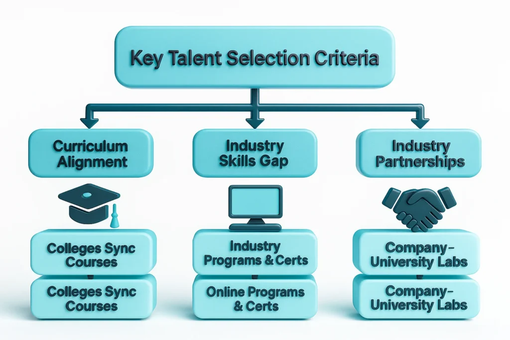 Flowchart illustrating talent selection criteria and collaboration between education and industry.