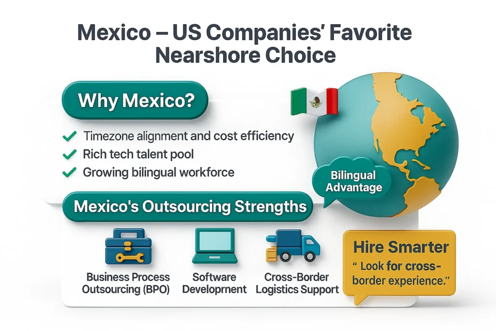 Infographic showing Mexico as the preferred nearshore outsourcing location for U.S. companies