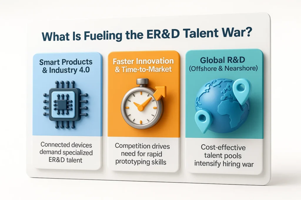 Infographic showing ER&D talent drivers: Smart Products, Faster Innovation, Global R&D with corresponding icons