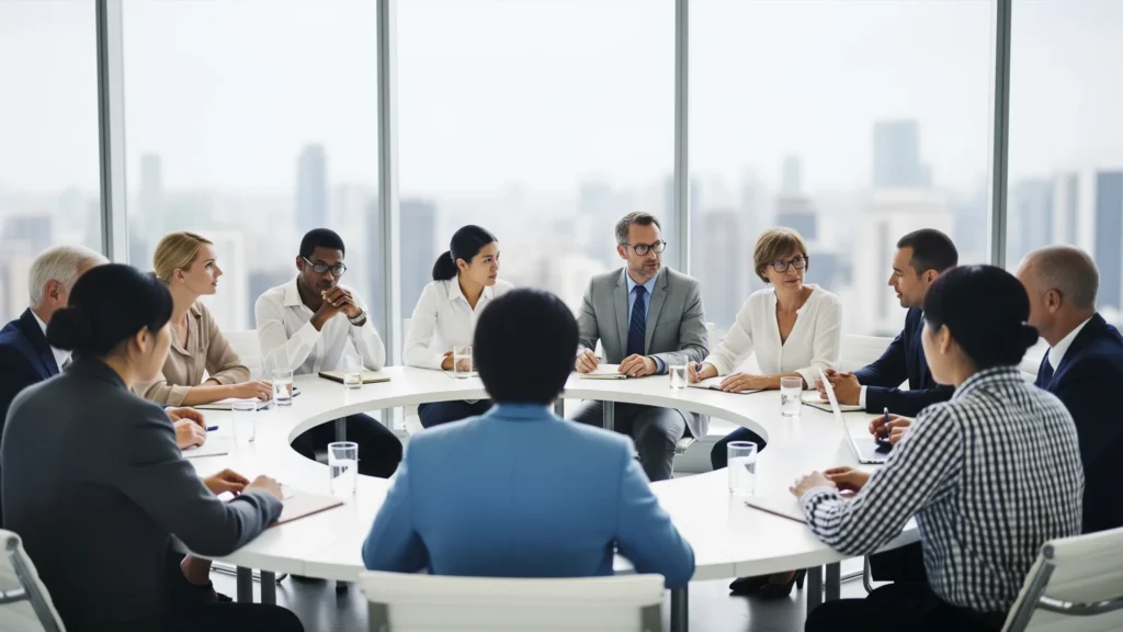Executive team discussing business strategy in a modern office conference room