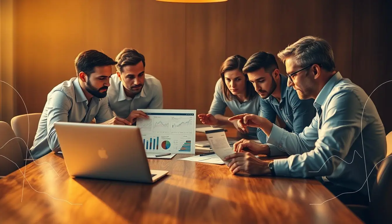 Team discussing business strategy using reports and performance charts