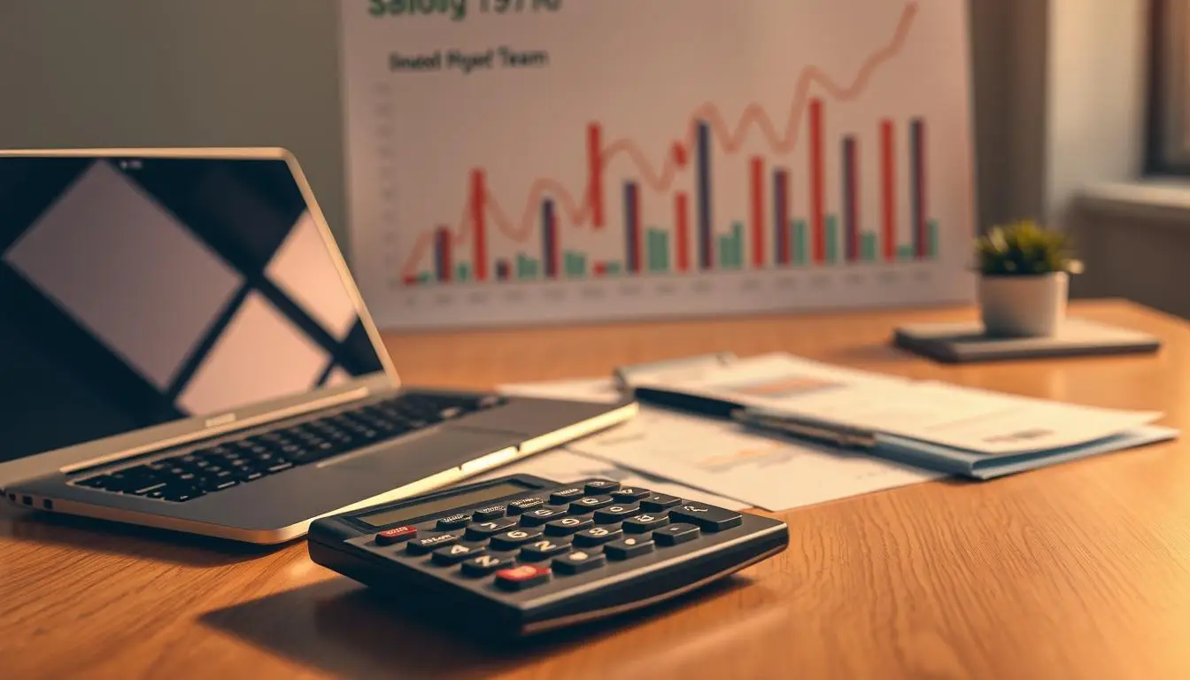 Financial analysis workspace with laptop, calculator, charts, and documents on wooden desk