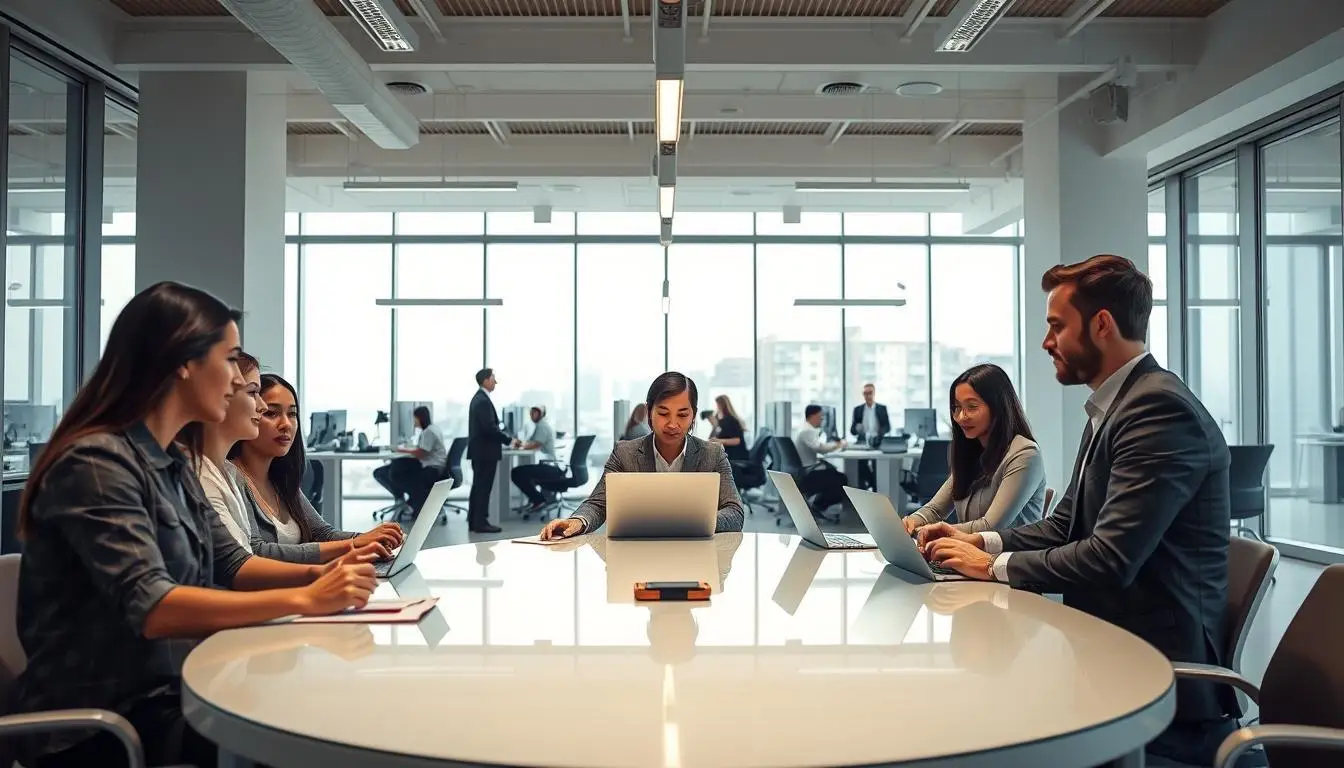 Business professionals collaborating around a conference table in a modern office