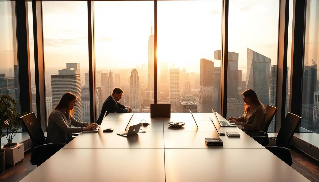Business team collaborating on laptops in a modern office conference room